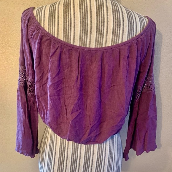 Cropped Peasant Top Large Charlotte Russe Plum Purple Crochet Lace Detail Rayon - Picture 7 of 13